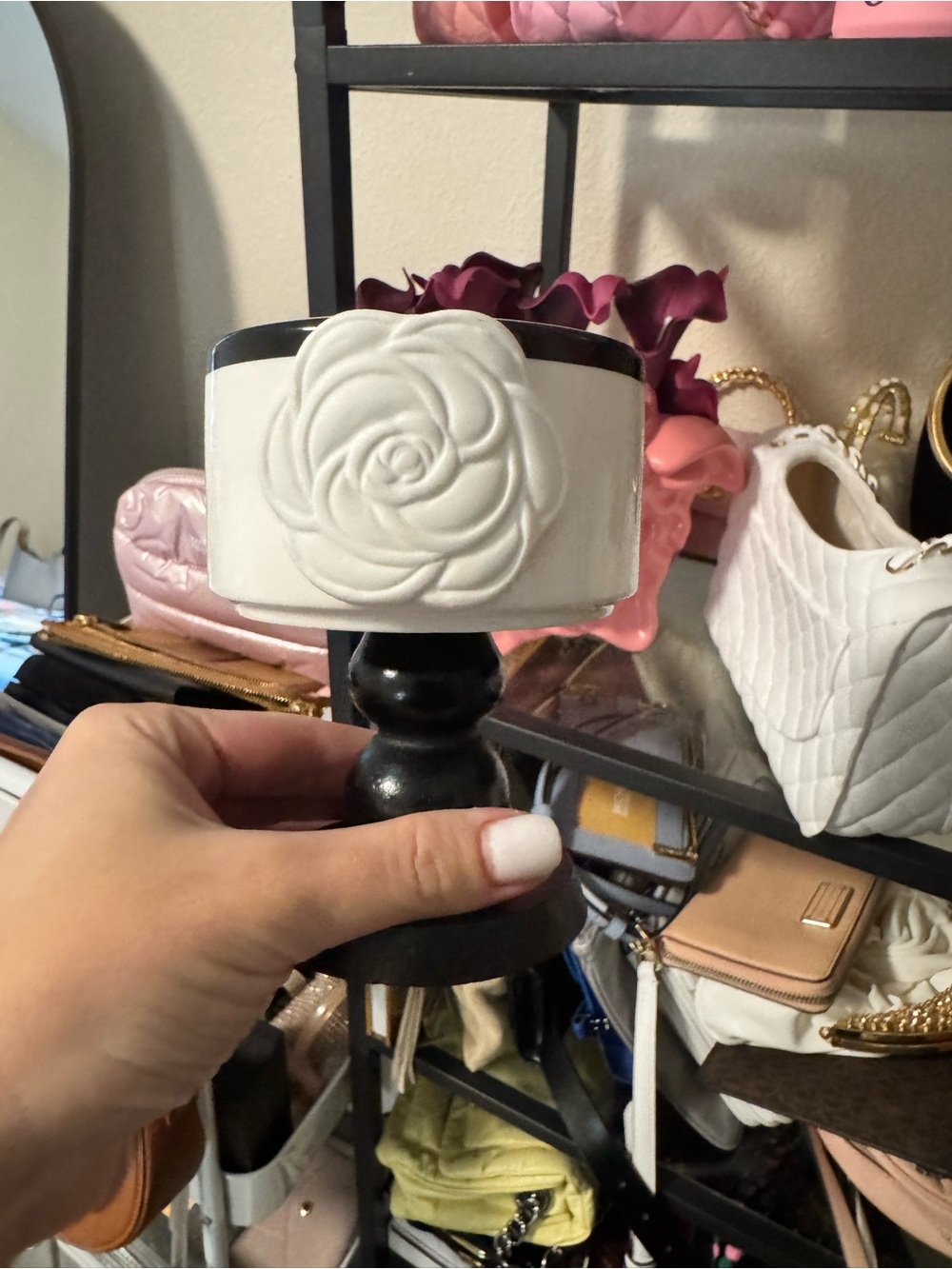 White Ceramic Rose Pedestal Bowl on Black Stand - Picture 5 of 5